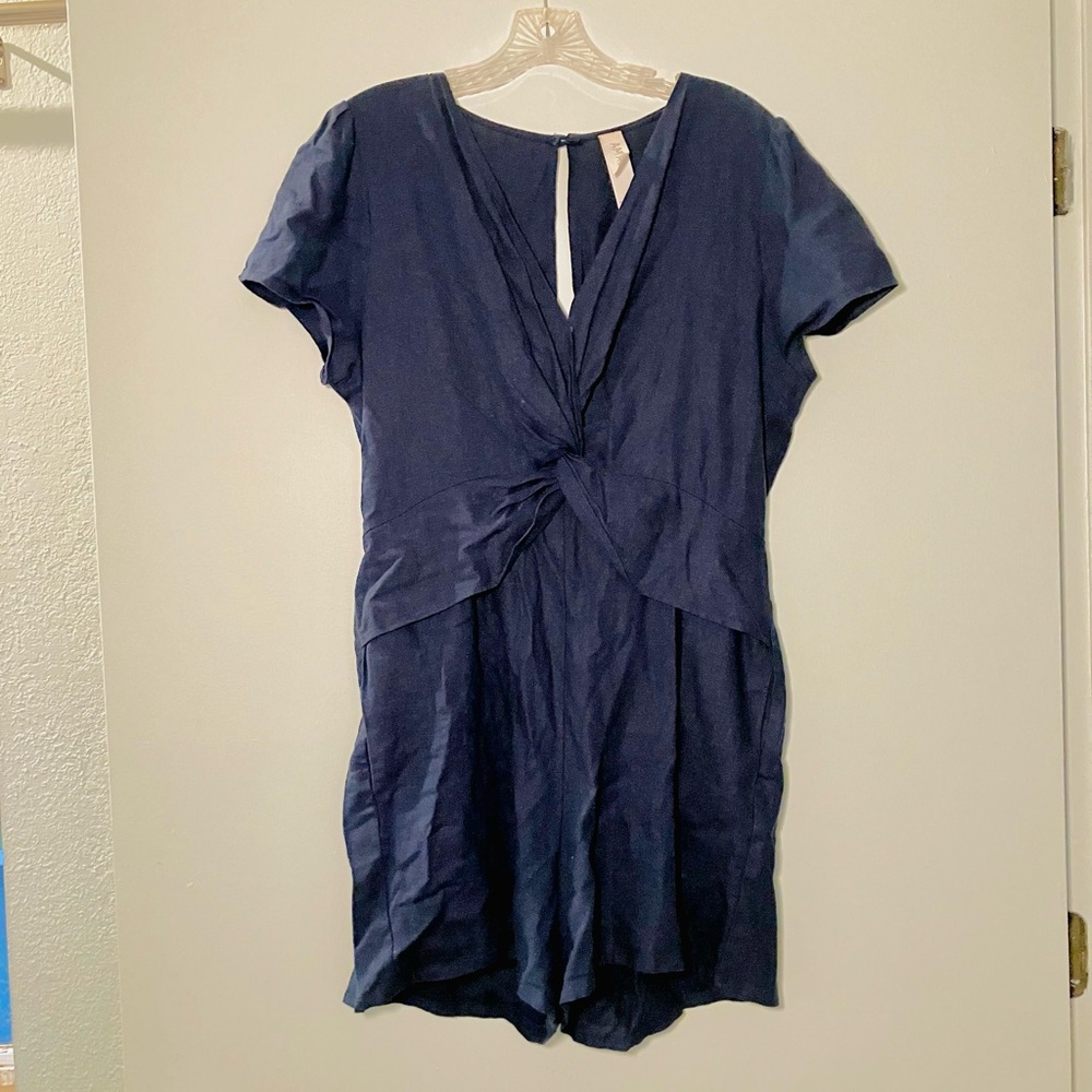 Amadi Navy Blue Linen Blend Romper with Pockets